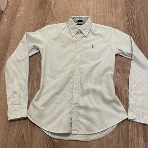 Ralph Lauren Slim Fit Knit Oxford Blue White Striped Button down Shirt Size 2